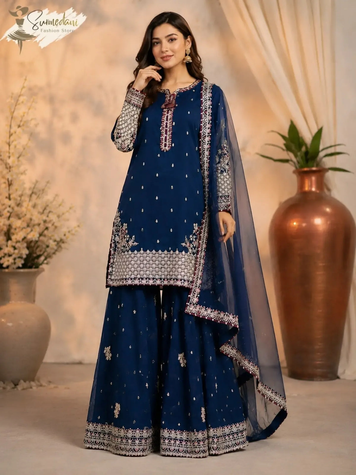 Navy Blue Embroidered Sharara Suit - standing