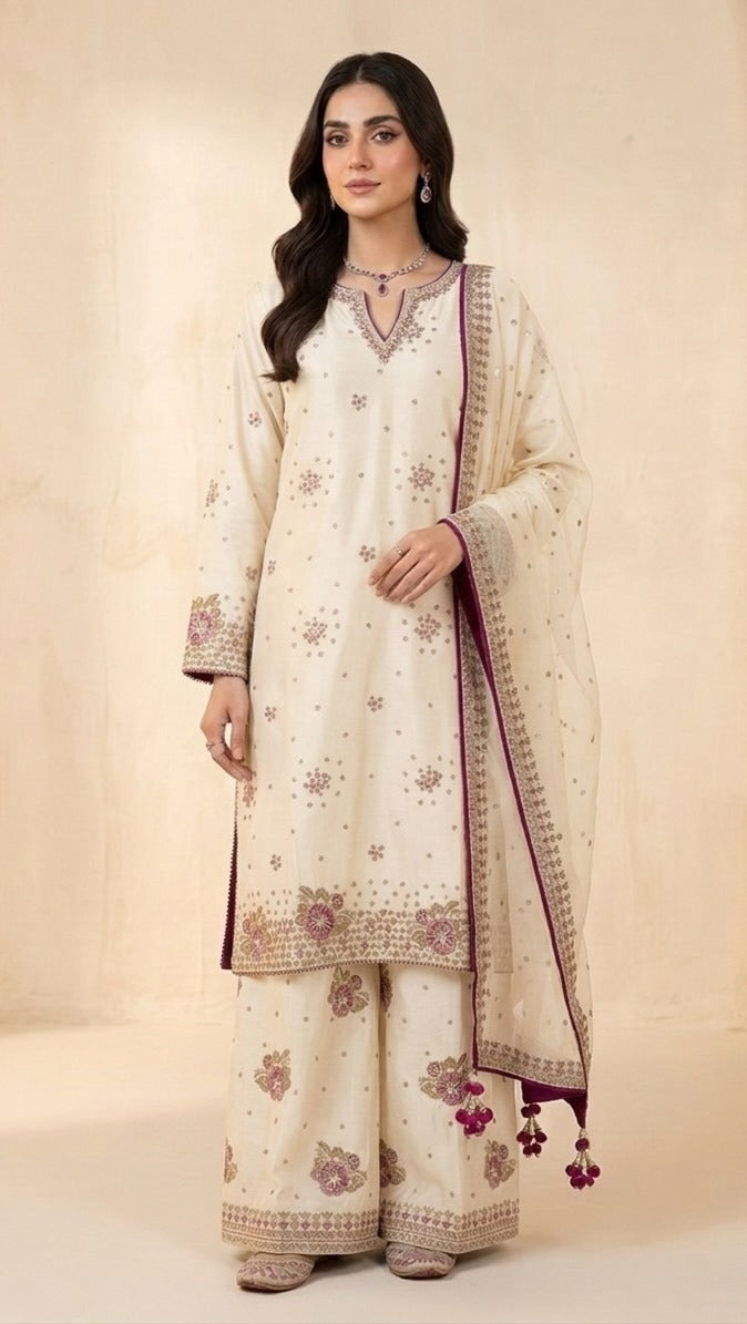 Cream Embroidered Suit with Dupatta