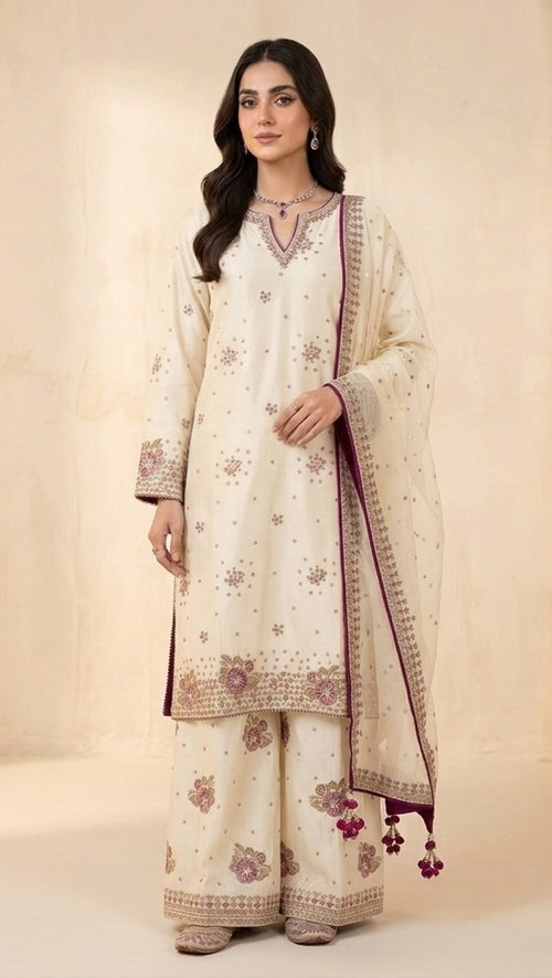 Cream Embroidered Suit with Dupatta