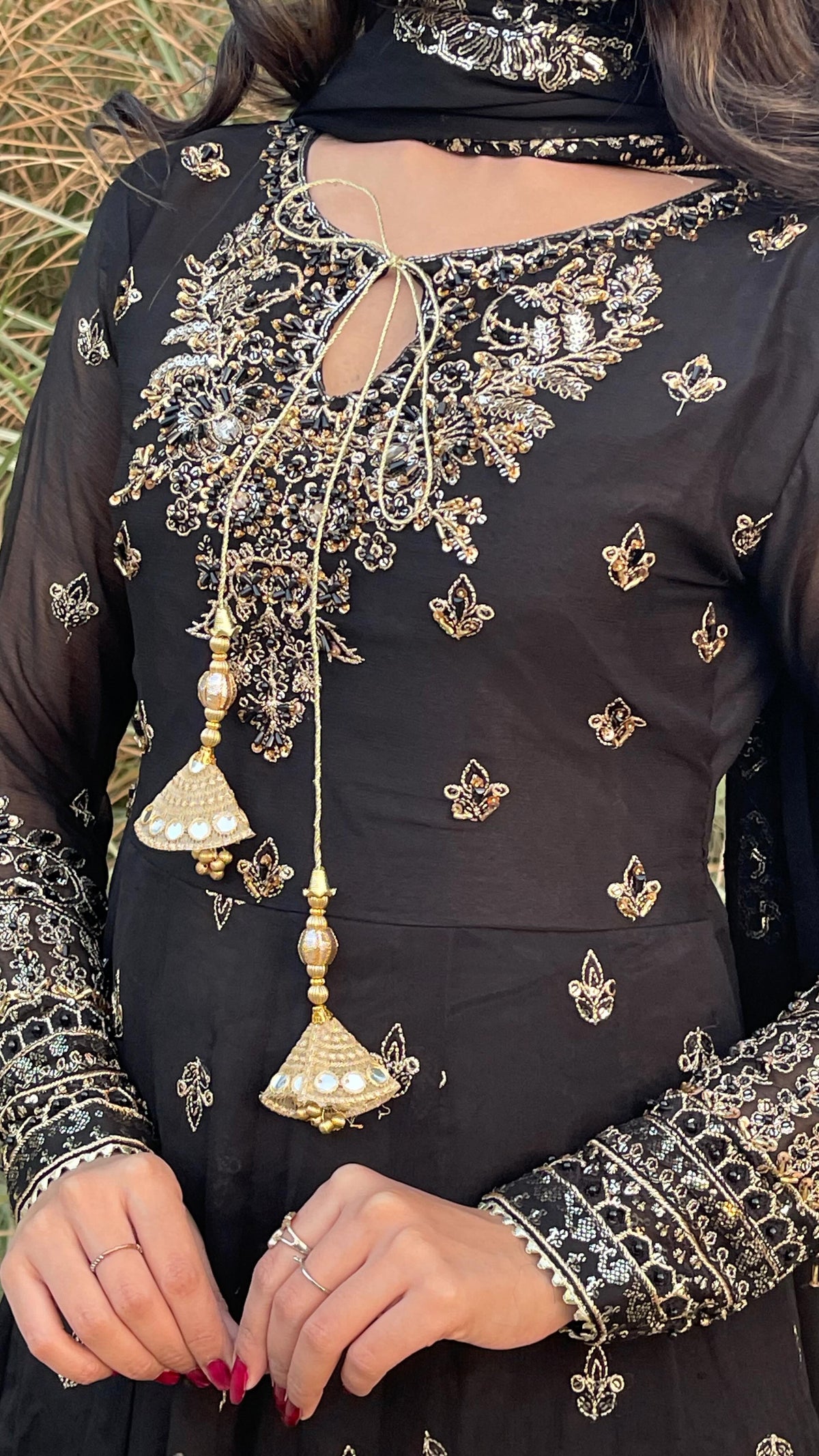 Black Embroidered Suit with Tassel Detail