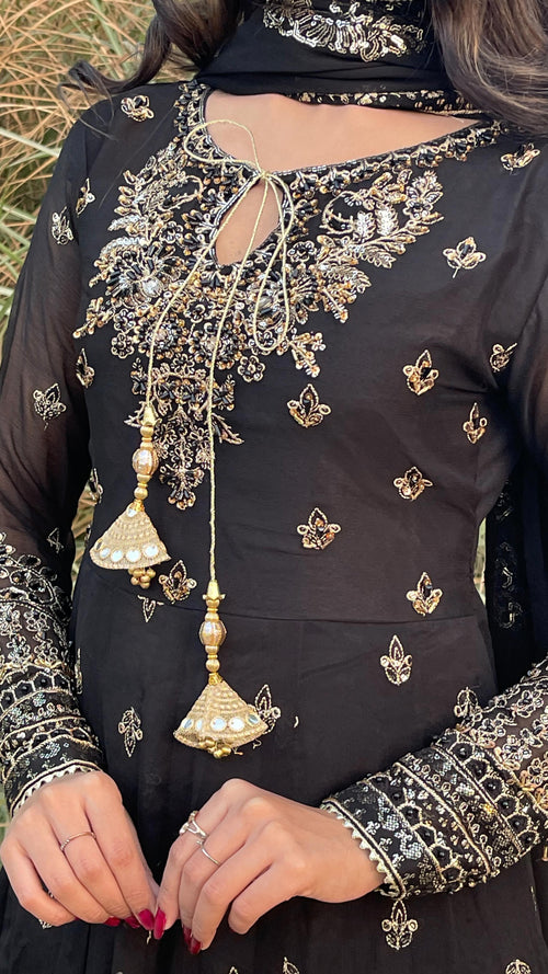Black Embroidered Suit with Tassel Detail