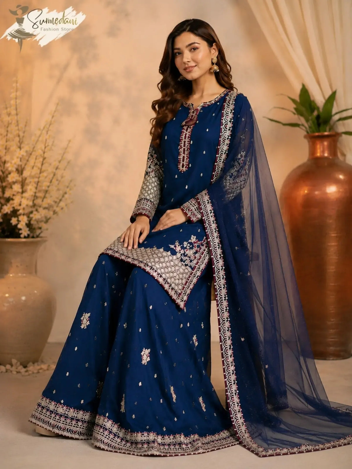 Navy Blue Embroidered Sharara Suit - sitting